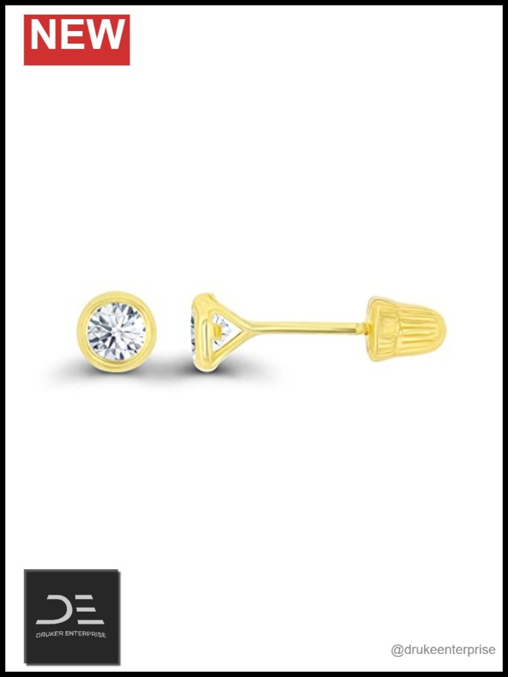 14K Solid Gold Hypoallergenic 3mm Round Solitaire Birthstone Screw Back Stud